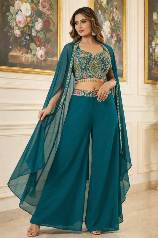 Embroidered Hand-Touched Indo Top with Shrug & Palazzo