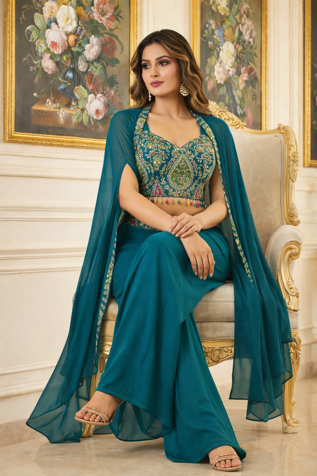 Embroidered Hand-Touched Indo Top with Shrug & Palazzo