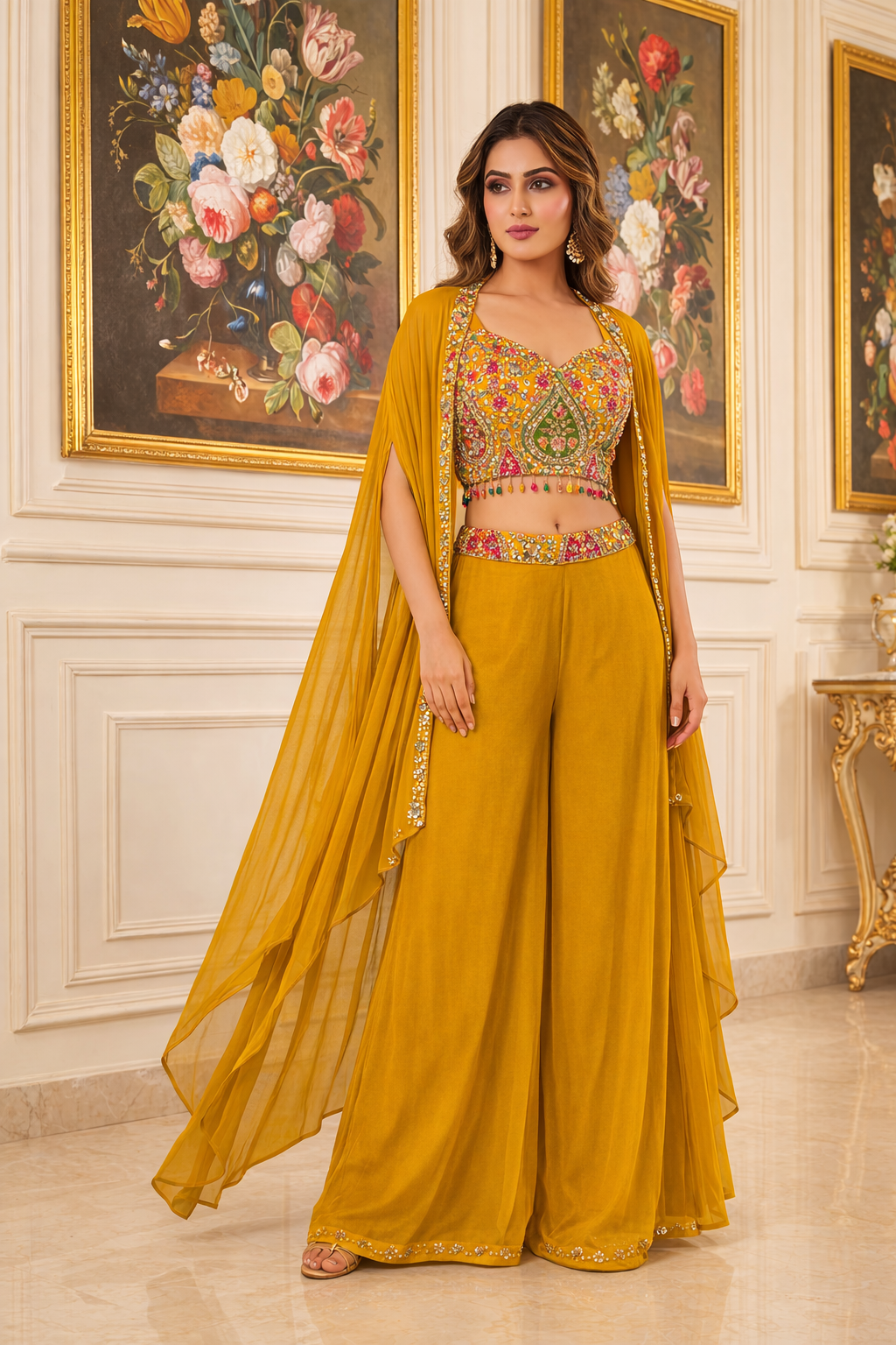 Embroidered Hand-Touched Indo Top with Shrug & Palazzo