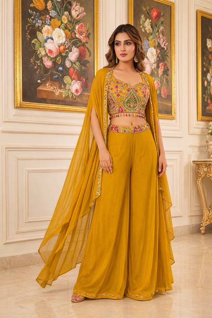 Embroidered Hand-Touched Indo Top with Shrug & Palazzo