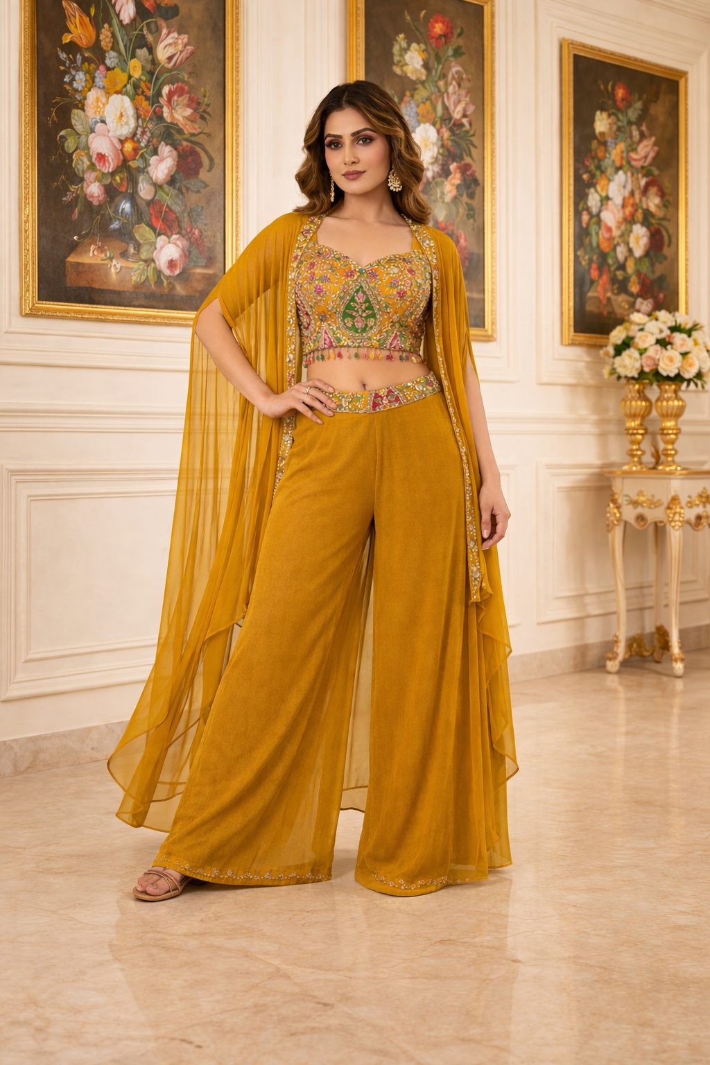 Embroidered Hand-Touched Indo Top with Shrug & Palazzo