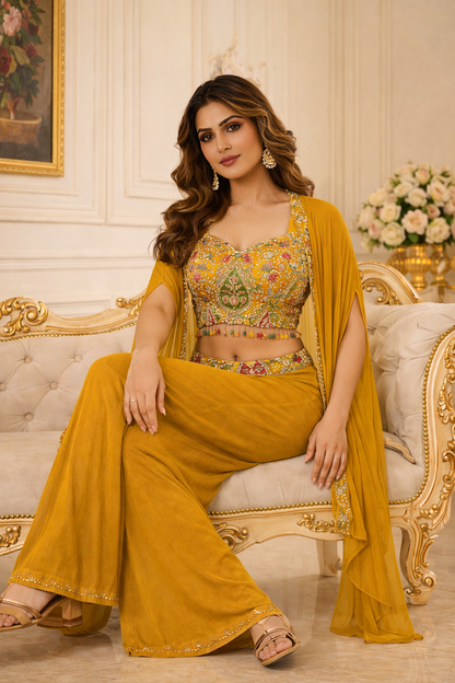 Embroidered Hand-Touched Indo Top with Shrug & Palazzo