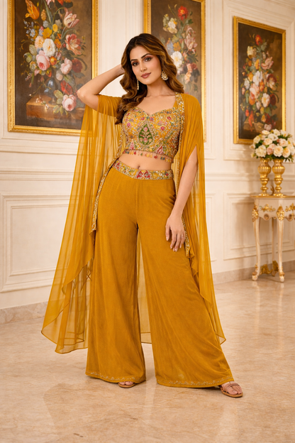 Embroidered Hand-Touched Indo Top with Shrug & Palazzo