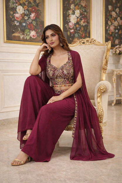 Embroidered Hand-Touched Indo Top with Shrug & Palazzo