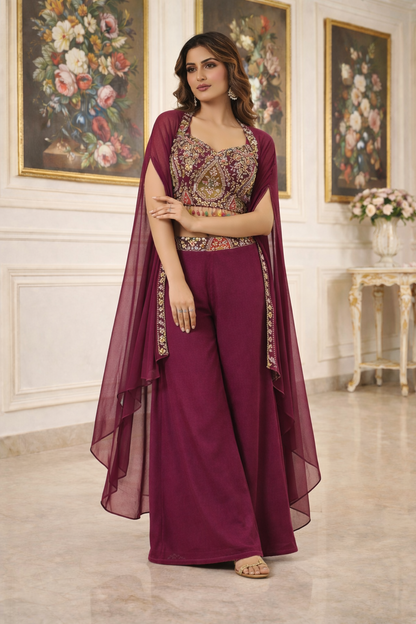 Embroidered Hand-Touched Indo Top with Shrug & Palazzo