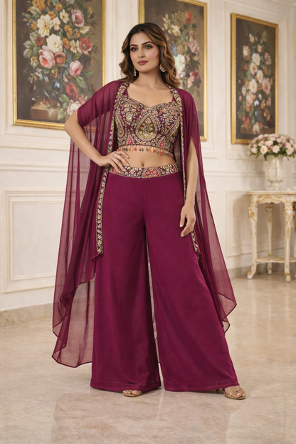 Embroidered Hand-Touched Indo Top with Shrug & Palazzo