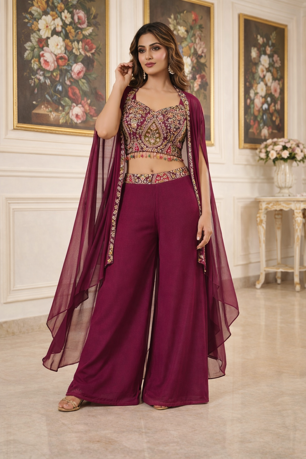 Embroidered Hand-Touched Indo Top with Shrug & Palazzo