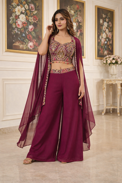 Embroidered Hand-Touched Indo Top with Shrug & Palazzo