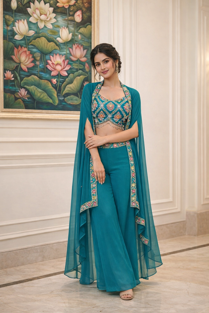 Embroidered Hand-Touched Indo Top with Shrug & Palazzo