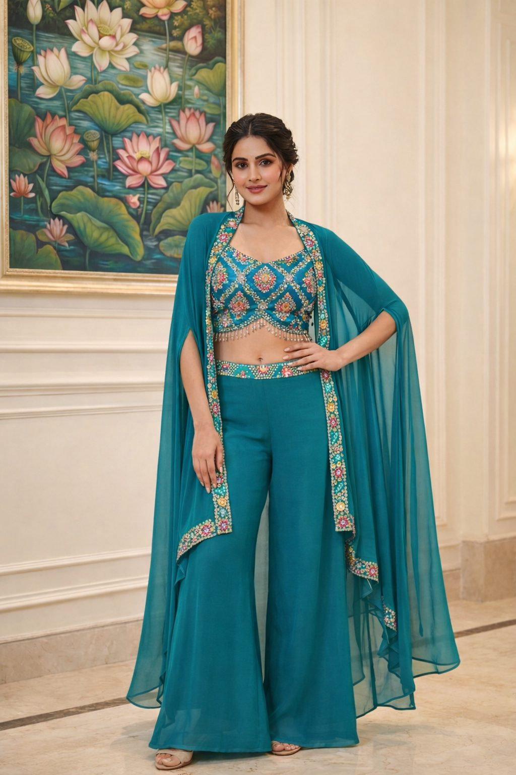 Embroidered Hand-Touched Indo Top with Shrug & Palazzo