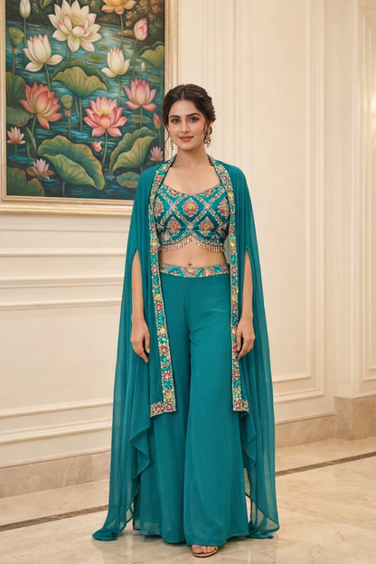 Embroidered Hand-Touched Indo Top with Shrug & Palazzo