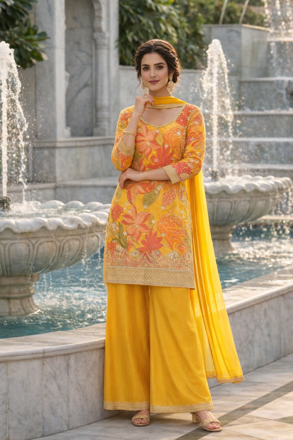 Floral Print Straight Suit with Palazzo & Dupatta