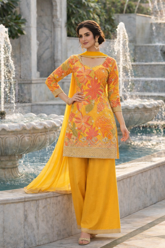 Floral Print Straight Suit with Palazzo & Dupatta