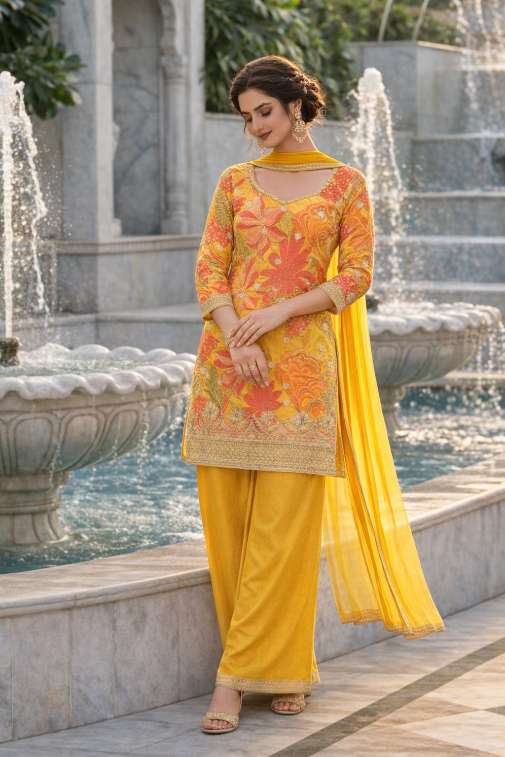 Floral Print Straight Suit with Palazzo & Dupatta
