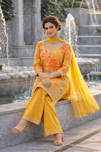 Floral Print Straight Suit with Palazzo & Dupatta