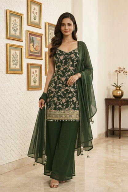 Beautiful Embroidered Straight Suit Set with Palazzo & Dupatta