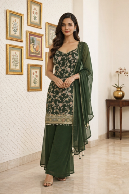 Beautiful Embroidered Straight Suit Set with Palazzo & Dupatta