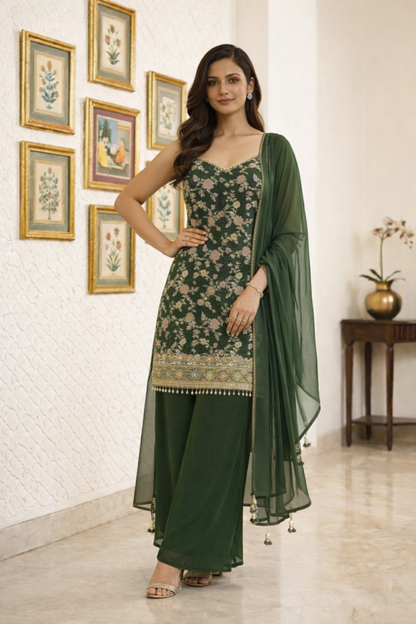 Beautiful Embroidered Straight Suit Set with Palazzo & Dupatta