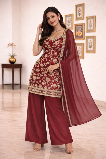 Beautiful Embroidered Straight Suit Set with Palazzo & Dupatta