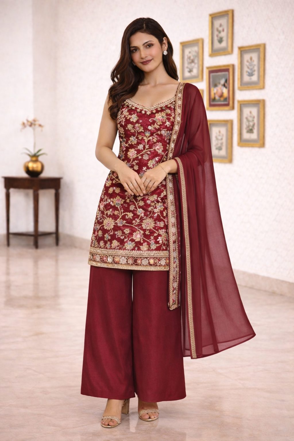 Beautiful Embroidered Straight Suit Set with Palazzo & Dupatta