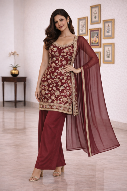 Beautiful Embroidered Straight Suit Set with Palazzo & Dupatta