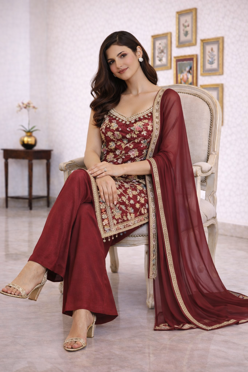 Beautiful Embroidered Straight Suit Set with Palazzo & Dupatta