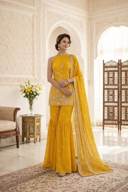 Premium High Neck Embroidered Straight Suit Set with Sharara & Dupatta