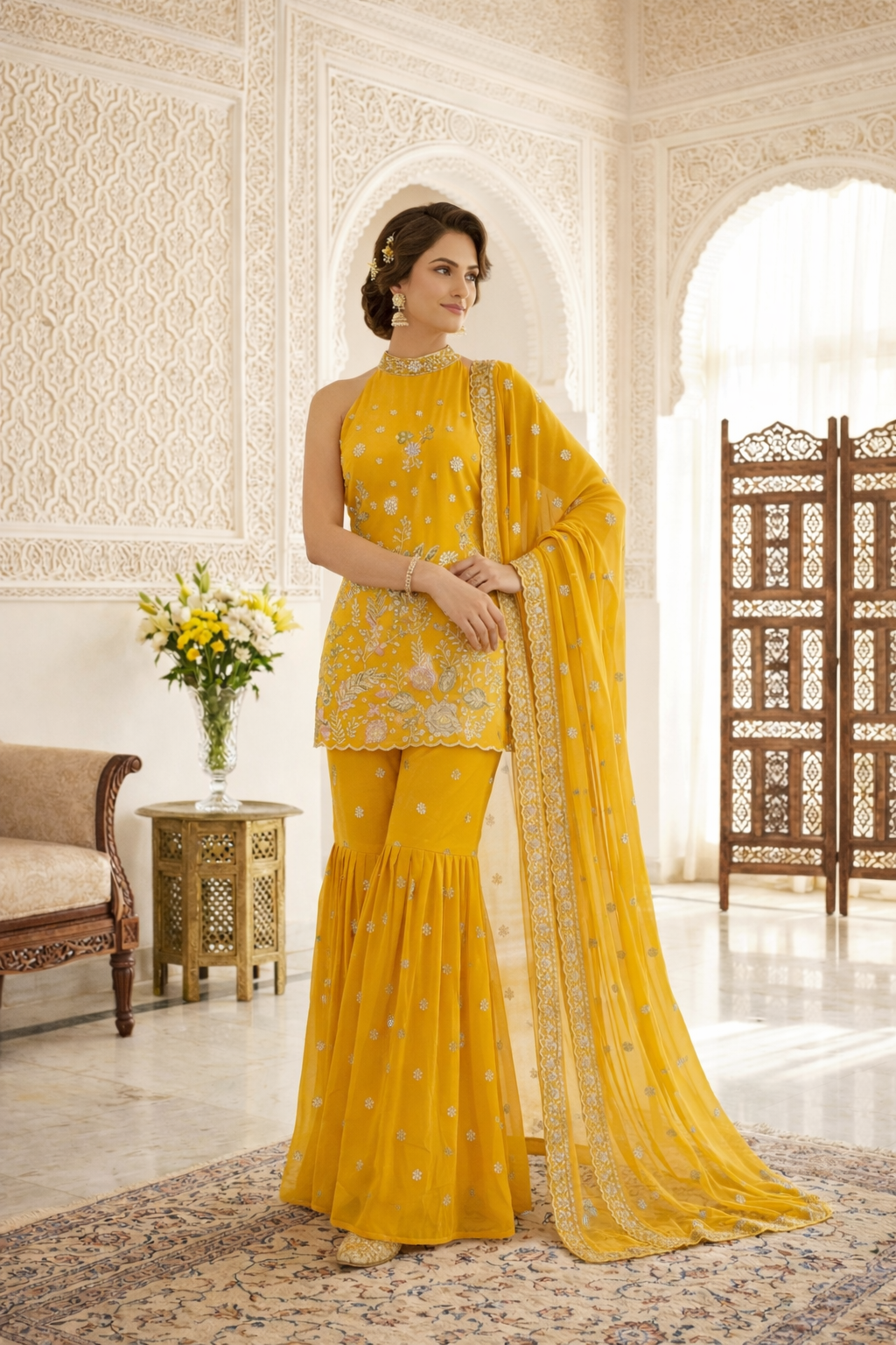 Premium High Neck Embroidered Straight Suit Set with Sharara & Dupatta