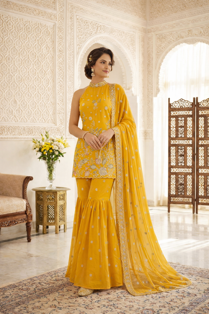 Premium High Neck Embroidered Straight Suit Set with Sharara & Dupatta