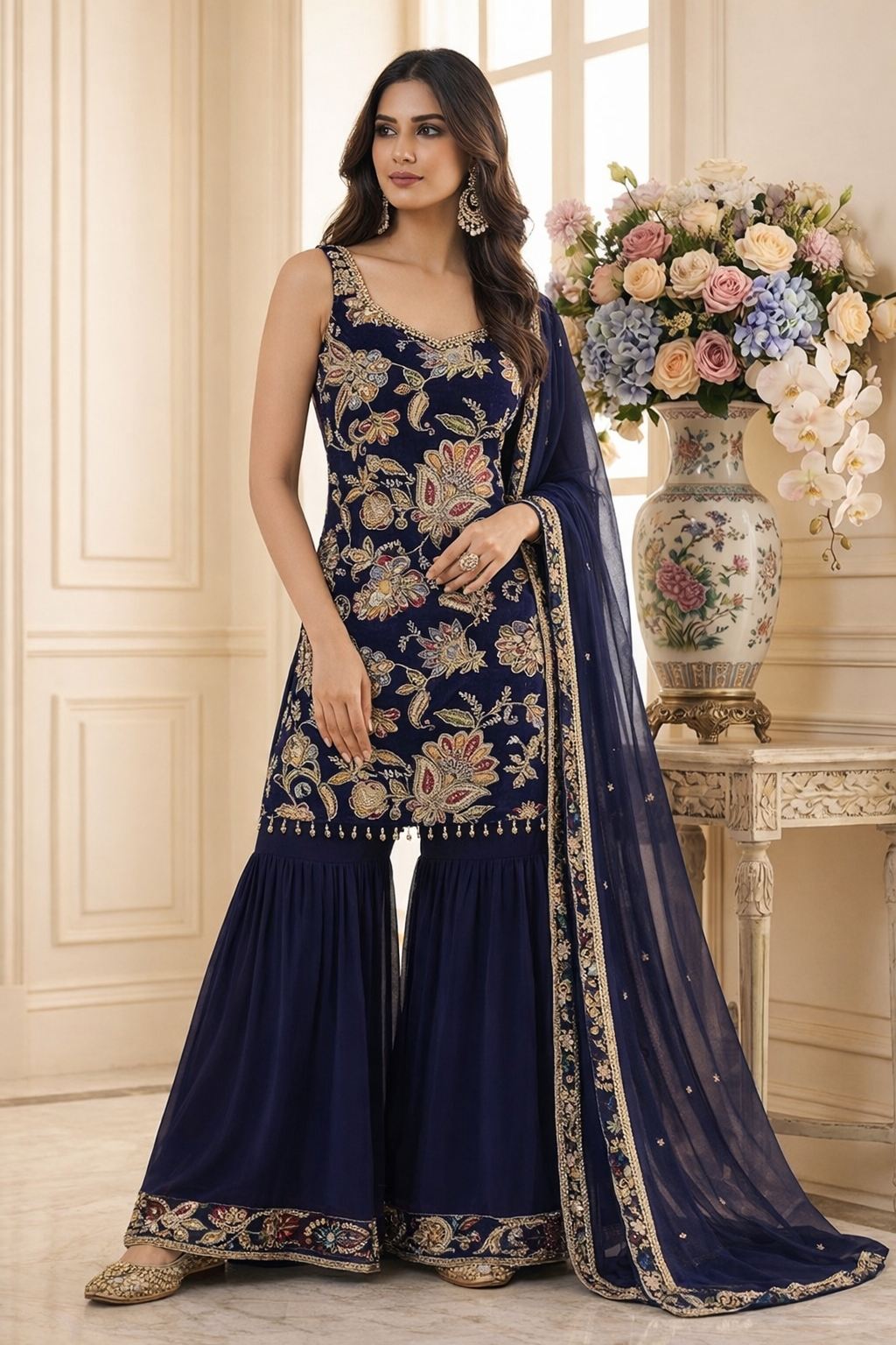 Luxury Floral Embroidered Straight Suit Set with Sharara & Dupatta