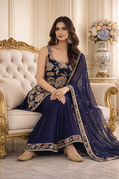 Luxury Floral Embroidered Straight Suit Set with Sharara & Dupatta