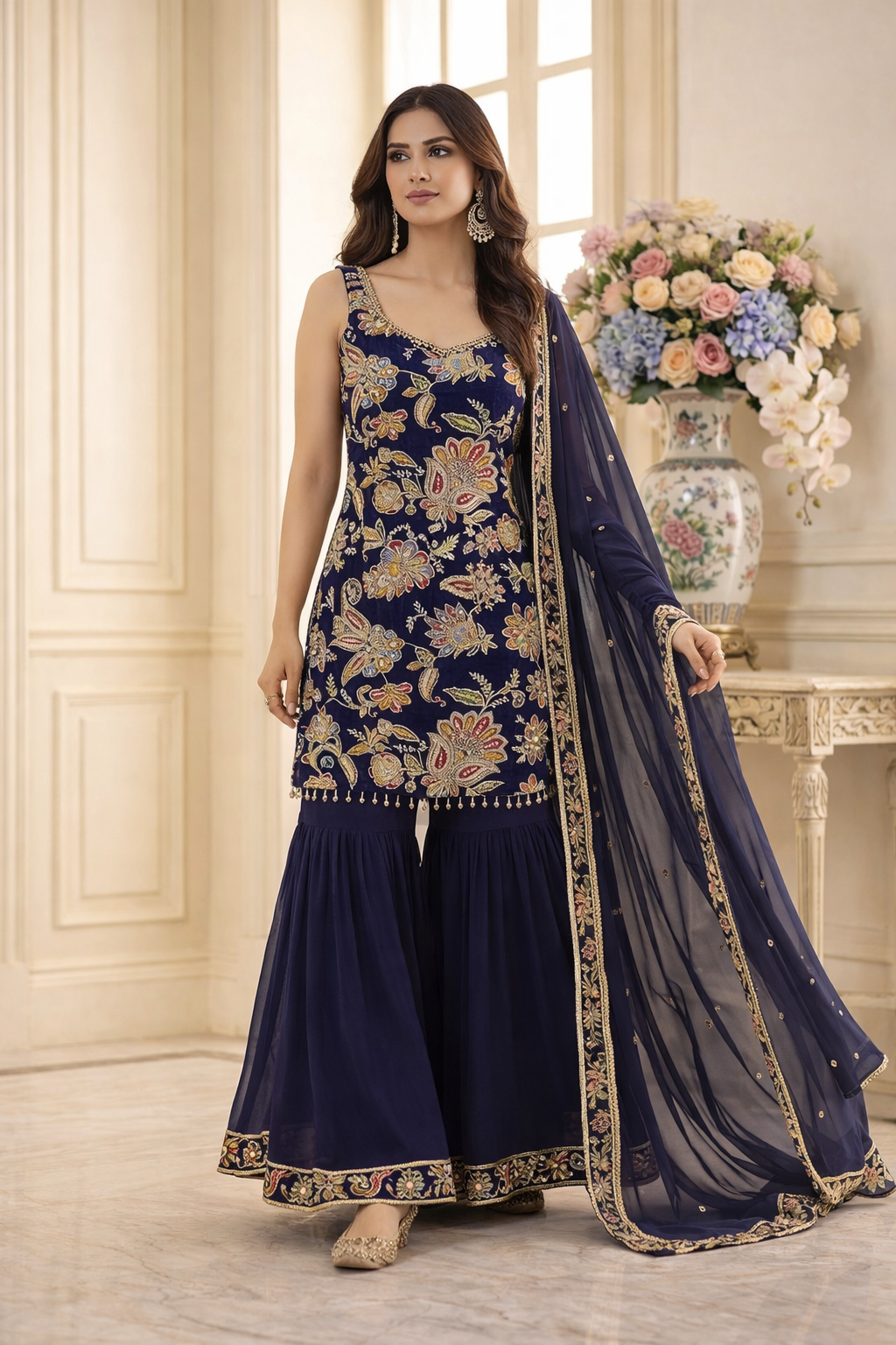 Luxury Floral Embroidered Straight Suit Set with Sharara & Dupatta