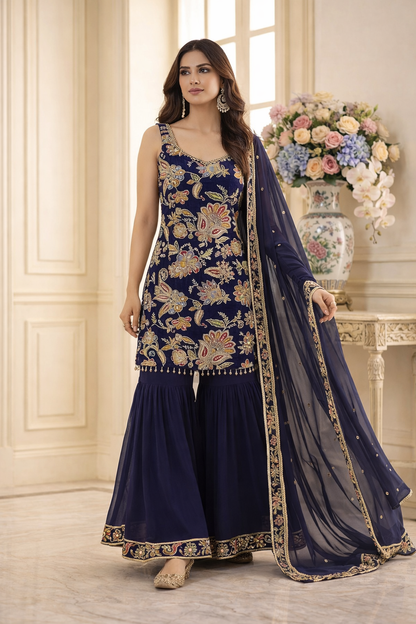 Luxury Floral Embroidered Straight Suit Set with Sharara & Dupatta