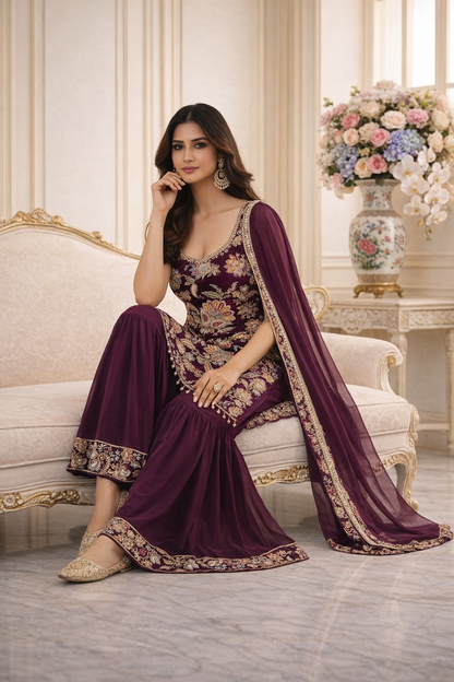Luxury Floral Embroidered Straight Suit Set with Sharara & Dupatta