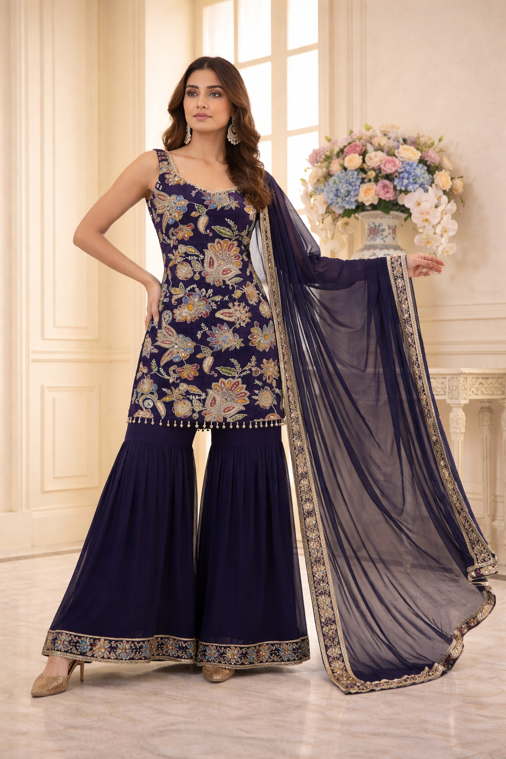 Luxury Floral Embroidered Straight Suit Set with Sharara & Dupatta