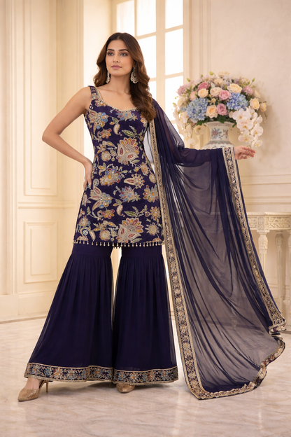 Luxury Floral Embroidered Straight Suit Set with Sharara & Dupatta