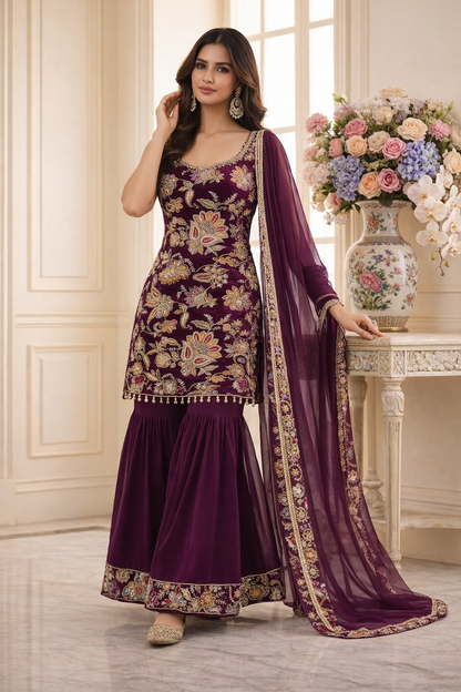 Luxury Floral Embroidered Straight Suit Set with Sharara & Dupatta