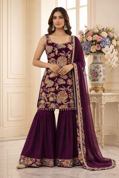 Luxury Floral Embroidered Straight Suit Set with Sharara & Dupatta