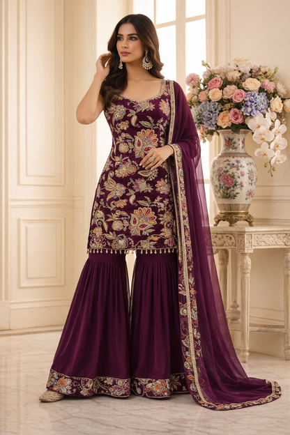 Luxury Floral Embroidered Straight Suit Set with Sharara & Dupatta