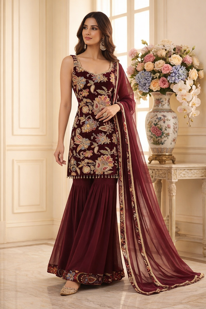 Luxury Floral Embroidered Straight Suit Set with Sharara & Dupatta