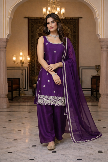 Elegant Beads Work Straight Suit Set with Palazzo & Dupatta