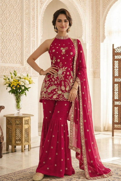 Premium High Neck Embroidered Straight Suit Set with Sharara & Dupatta