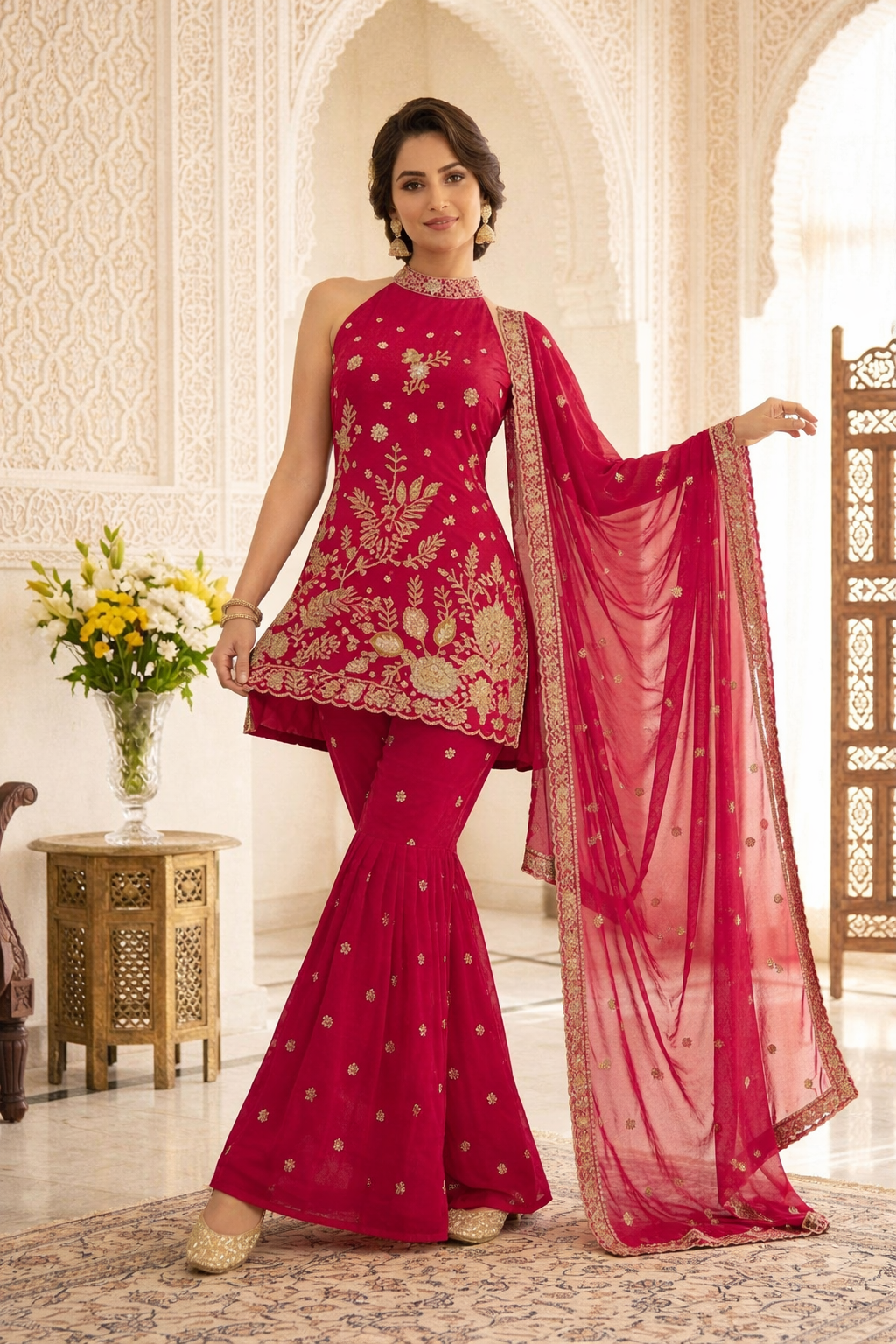 Premium High Neck Embroidered Straight Suit Set with Sharara & Dupatta