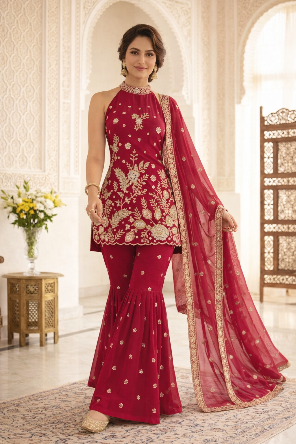 Premium High Neck Embroidered Straight Suit Set with Sharara & Dupatta