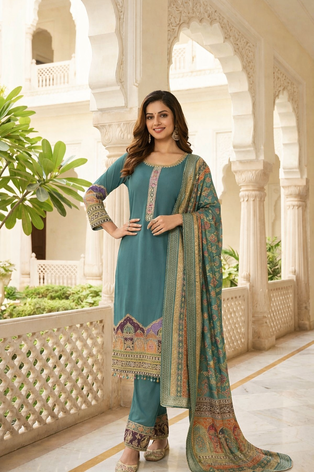 Elegant Printed & Embroidered Straight Suit Set with Pants & Dupatta
