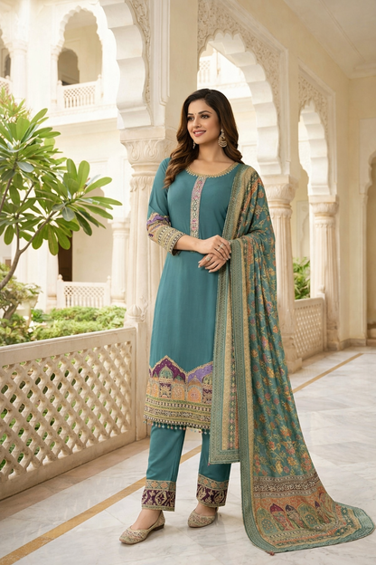 Elegant Printed & Embroidered Straight Suit Set with Pants & Dupatta