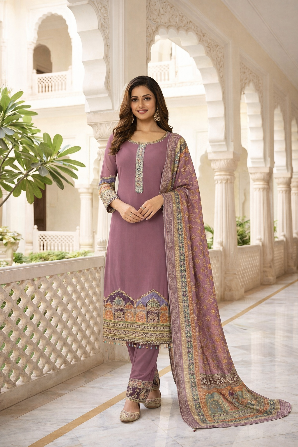 Elegant Printed & Embroidered Straight Suit Set with Pants & Dupatta