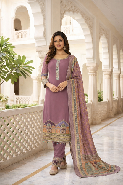 Elegant Printed & Embroidered Straight Suit Set with Pants & Dupatta