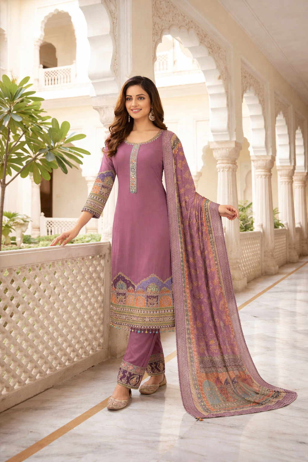 Elegant Printed & Embroidered Straight Suit Set with Pants & Dupatta
