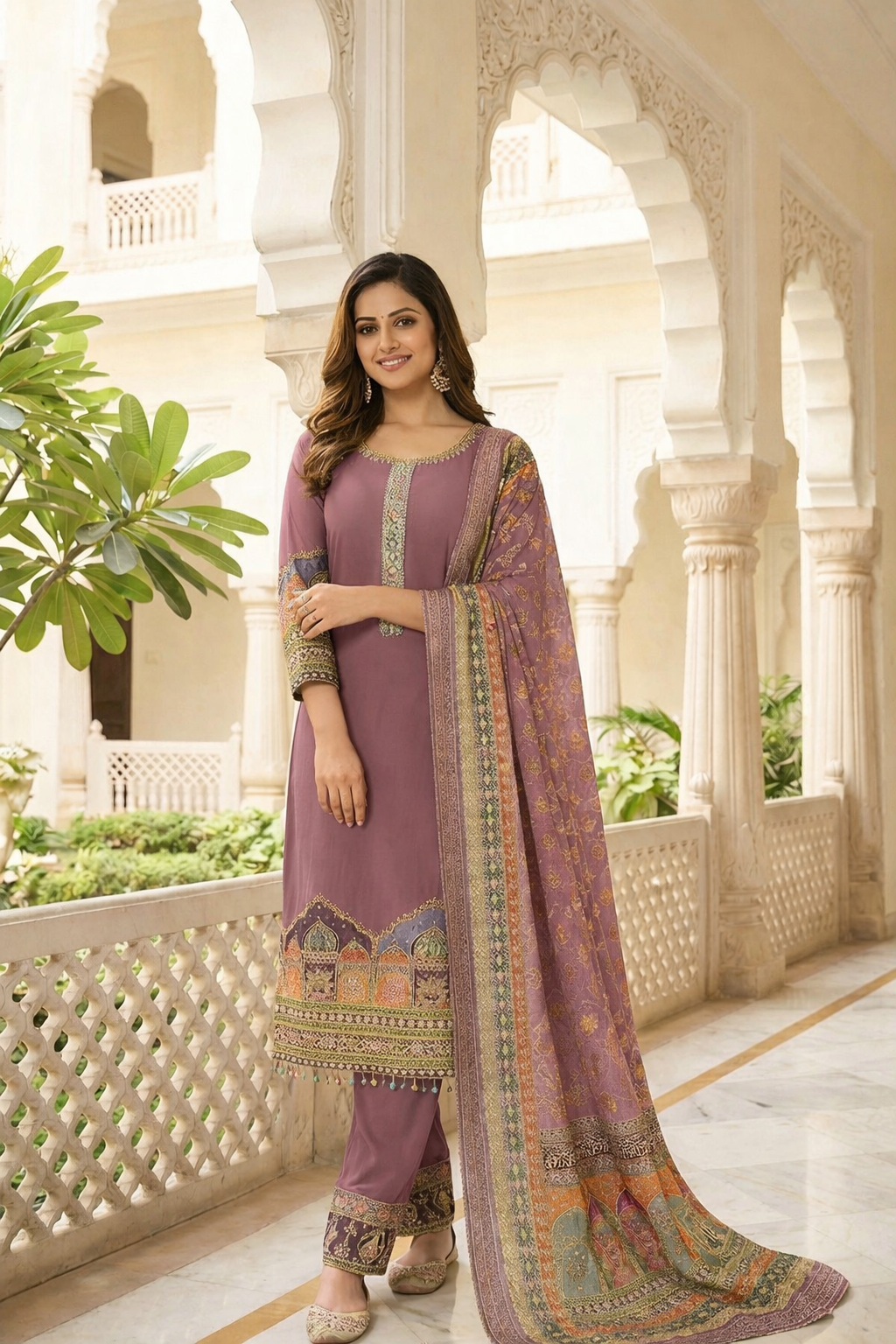 Elegant Printed & Embroidered Straight Suit Set with Pants & Dupatta